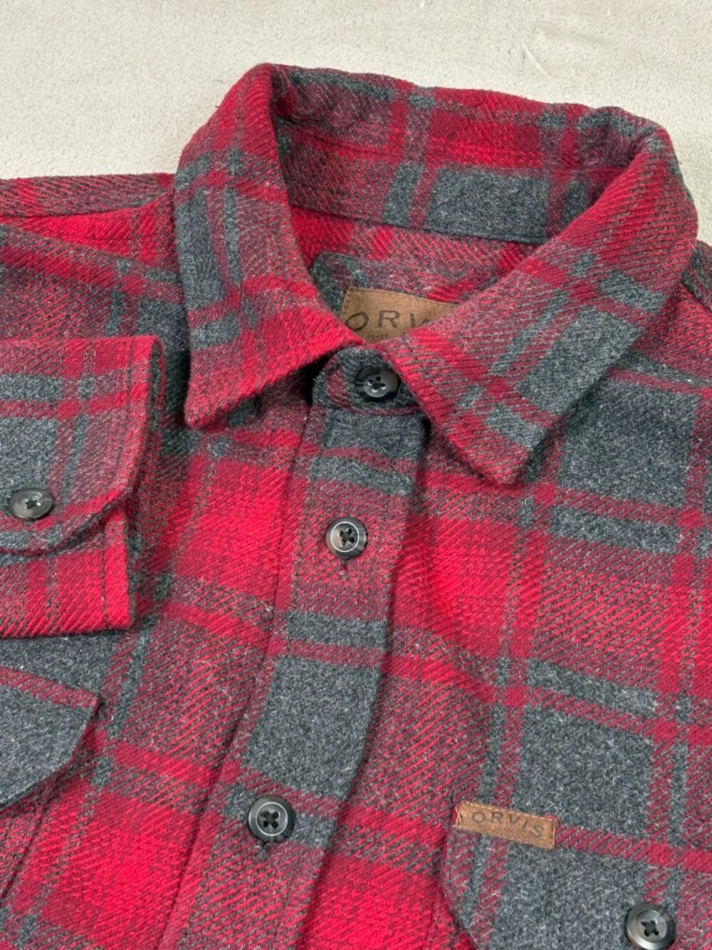Orvis Heavy Flannel Shirt Overshirt Shacket Mens Large Red Gray Plaid Pockets